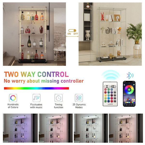 English Elm Tempered Glass Display Cabinet With Bluetooth Led Lighting, Swivel Casters, Versatile Storage Solutions W3155S00003-GIGA