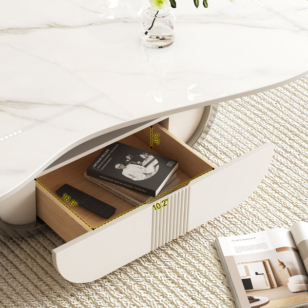 English Elm Modern Butterfly Coffee Table with Sintered Stone Top, Stainless Steel Base, Drawer & Shelf Storage Grey+White W3136S00017