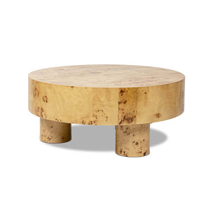 English Elm Jennifer Taylor Home - Nebula Round 35.5" Burl Wood Coffee Table with Pillar Legs — Warm Natural Brown, Stable Elegance B2719P405639
