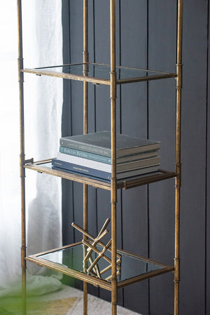 English Elm Antique Mirrored Six-Tier Shelving Unit with Iron Frame, Sleek Sparkle Display Shelf 73x24x7" W2078P370621