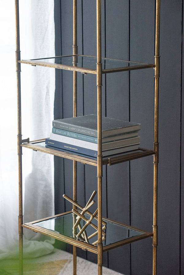 English Elm Antique Mirrored Six-Tier Shelving Unit with Iron Frame, Sleek Sparkle Display Shelf 73x24x7" W2078P370621