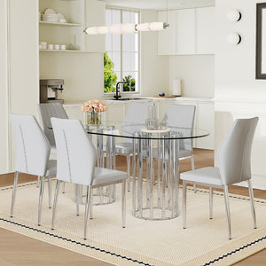 English Elm Table and Chair Set Oval Tempered Glass Top Six Seat Contemporary Dining Light Gray,Silver,Transparent W1151S04742
