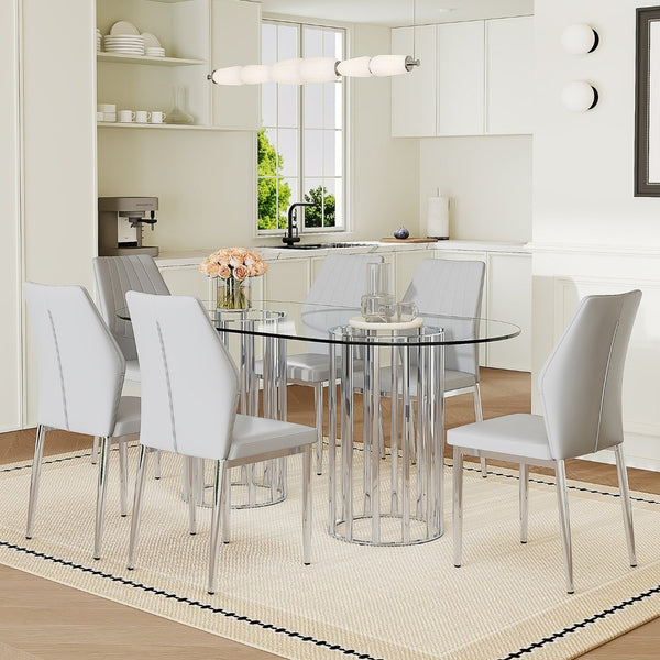 English Elm Table and Chair Set Oval Tempered Glass Top Six Seat Contemporary Dining Light Gray,Silver,Transparent W1151S04742