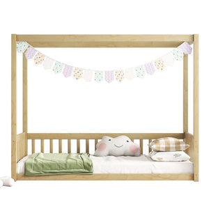 English Elm Twin Canopy Frame Floor Bed With Guardrails - Cozy, Safe Pine Design For Kids' Imaginative Spaces W504P143279-GIGA