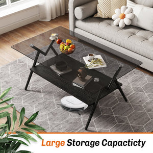 English Elm Rectangle Coffee Table With Elegant Tempered Glass Top & Black Mdf Shelf For Modern Living Room Décor W241142567-GIGA