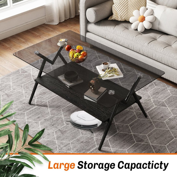 English Elm Rectangle Coffee Table With Elegant Tempered Glass Top & Black Mdf Shelf For Modern Living Room Décor W241142567-GIGA