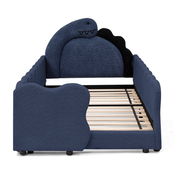 English Elm Twin Dinosaur Boucle Upholstered Kids Bed Solid Wood Frame with Padded Safety Rails Navy Blue W1413P384919