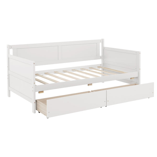English Elm Twin Pine Wood Daybed with Two Hidden Storage Drawers, Space-Saving Twin Sofa Bed with Clean Silhouette White W504P149045