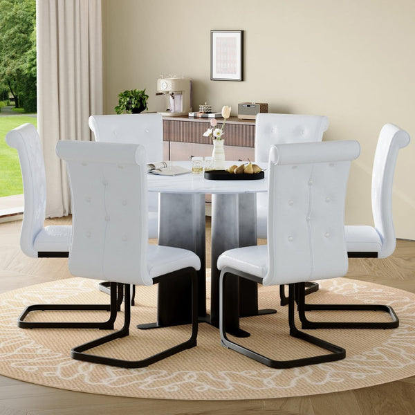 English Elm Modern Round Faux Marble Dining Set Seats Six with Tufted Pvc Chairs Metal Base W3875S00069