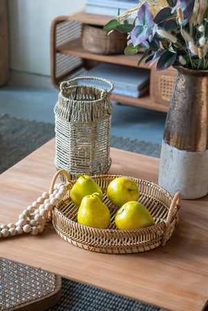 English Elm Set of 3 Sienna Bamboo Woven Trays with Handles — Round Brown Boho Coastal Accents for Tabletop Decor W2078P391141