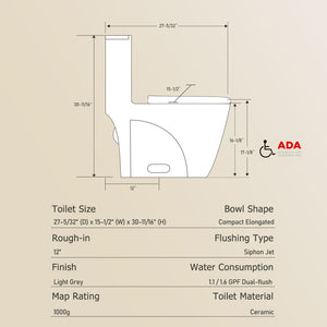 English Elm One-piece Elongated Porcelain Toilet Dual Flush Ada Comfort Height Soft Close Seat Light Grey W1920P425614