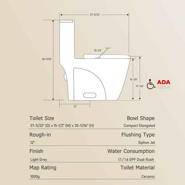 English Elm One-piece Elongated Porcelain Toilet Dual Flush Ada Comfort Height Soft Close Seat Light Grey W1920P425614