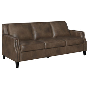 English Elm Gunderson Brown Sugar Top Grain Leather Sofa with Hammered Brass Nailheads, Track Arms, 83" Wide B062P357809