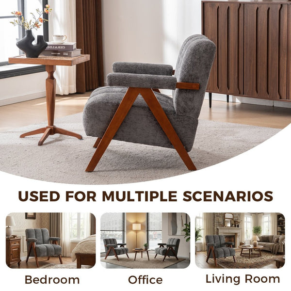 English Elm Mid-century Modern Chenille Accent Chair Cloud Silhouette Oak Frame Living Room Lounge Grey W1170P425433