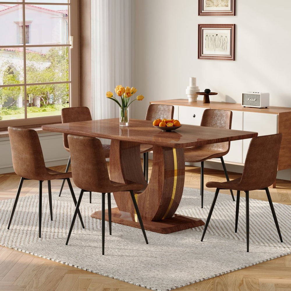 English Elm One Modern 7 Piece Dining Set 63 Inch Table Dark Wood Grain Top Brown Fabric Chairs W1151S04406