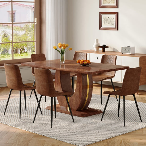 English Elm One Modern 7 Piece Dining Set 63 Inch Table Dark Wood Grain Top Brown Fabric Chairs W1151S04406