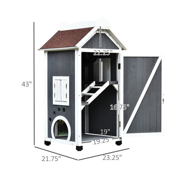 English Elm Cat House Outdoor Three Story Fir Wood Shelter with Hammock and Weatherproof Roof T3971P386401