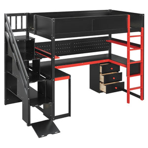 English Elm Full Size Gaming Loft Bed with Led Lighting Desk Shelves and Usb Charging Ports N820S00070J