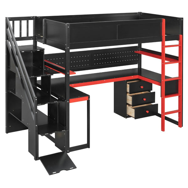 English Elm Full Size Gaming Loft Bed with Led Lighting Desk Shelves and Usb Charging Ports N820S00070J