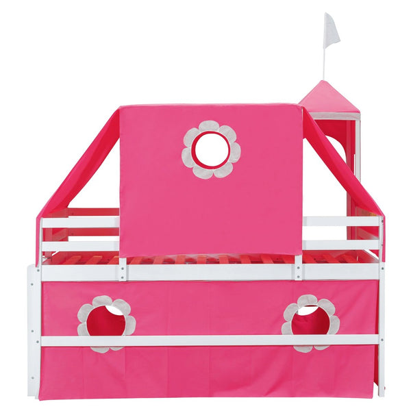 English Elm Twin Castle Loft Bed with Slide Tent Tower and Play Space for Kids Rooms Pink N708P249511H
