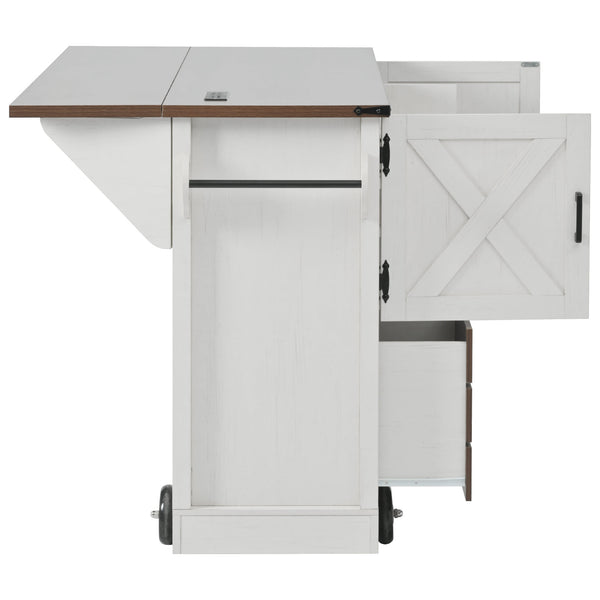 English Elm K&K 54" Farmhouse Kitchen Island Cart with Drop Leaf, Wine Rack, Power Outlet and Rolling Storage White N707P349814W
