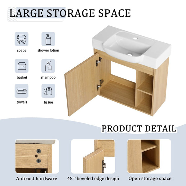 English Elm 24'' Floating Wall Mounted Bathroom Vanity with Ceramic Sink and Soft Close Cabinet Light Oak W999P426633