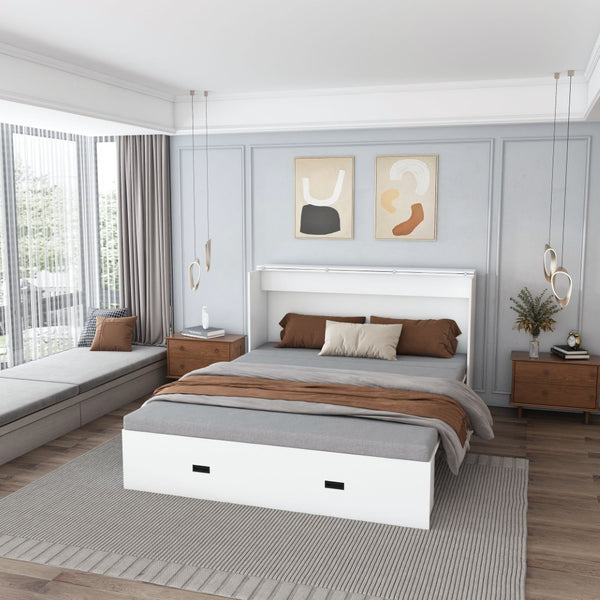 English Elm 57 Inch Murphy Bed Cabinet with Storage Drawers Charging Station and Rolling Casters White W509S00155