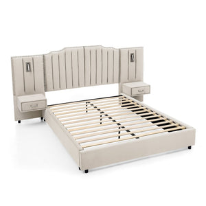 English Elm Queen Velvet Platform Bed with Tufted Headboard Integrated Nightstands and Striped Design Beige W487S00440
