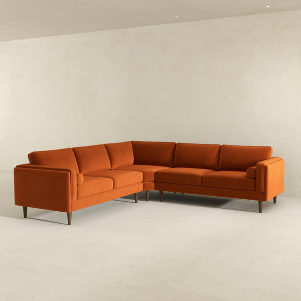 English Elm Ashcroft Furniture - Amber Mid-Century Burnt Orange Velvet Corner Sectional Sofa with Tapered Walnut Legs, Removable Cushions B183S00074