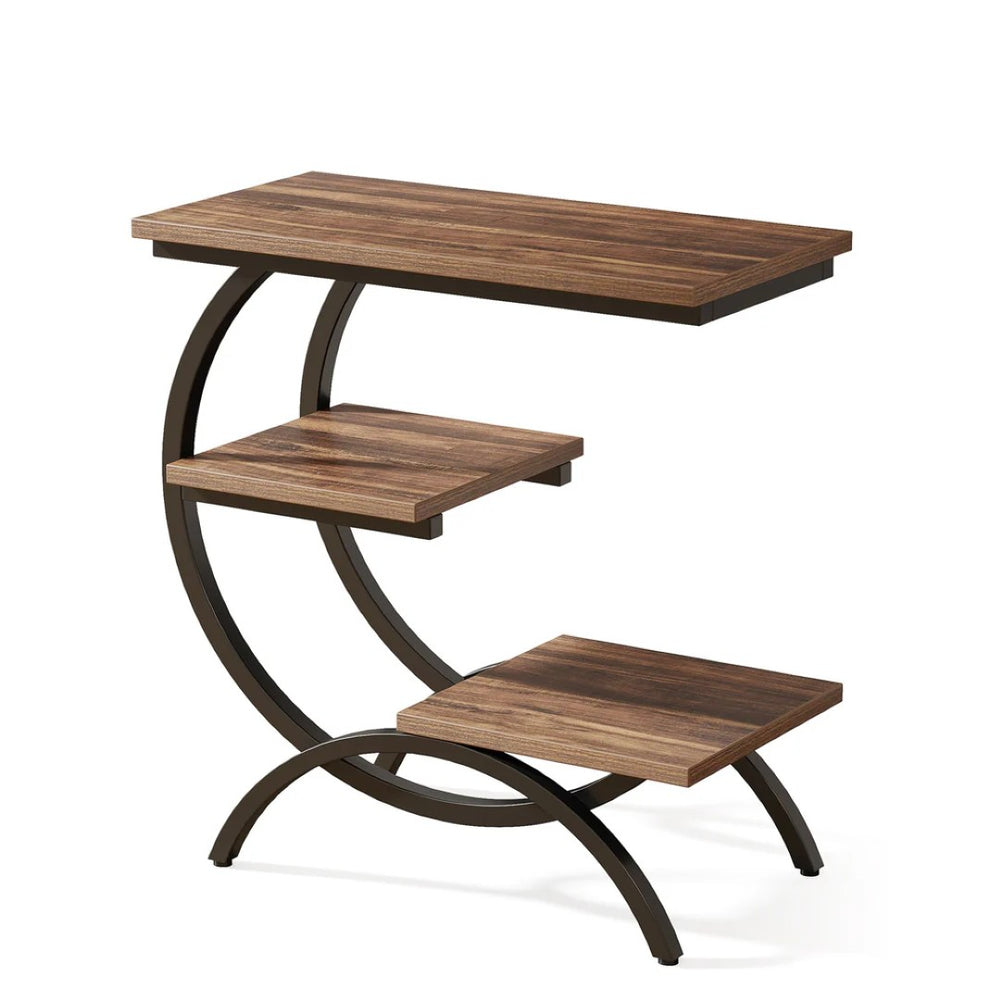 English Elm Modern Two Tier End Table Black Metal Frame Wood Grain Surface for Living Room T3971P456718