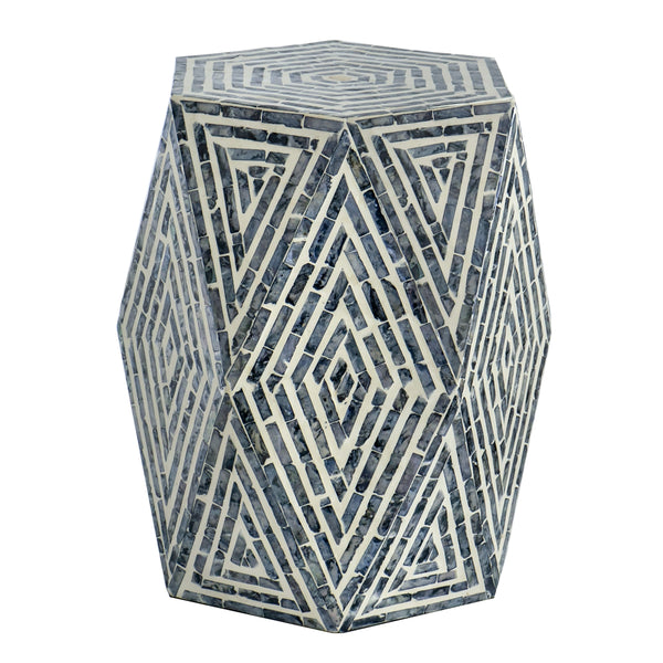 English Elm 16x14x18" Hexagon Garden Stool with Capiz Inlay, Black & White Diamond Facets for Chic Side Table W2078P290103
