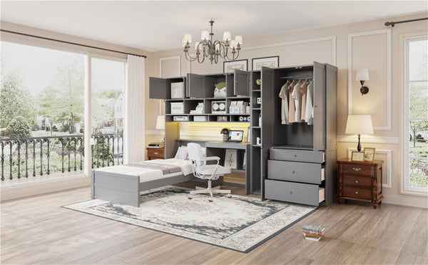 English Elm Wooden Twin Loft Bed with Built-in Desk Wardrobe Storage Drawers and Led Lighting N820S00069E