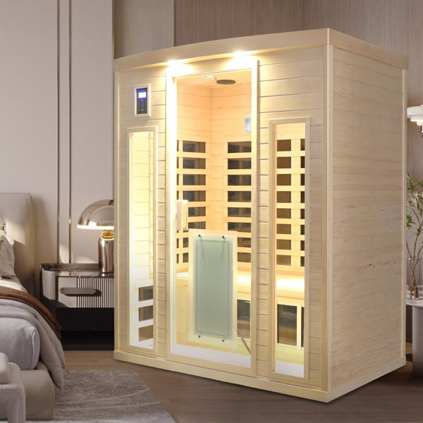 English Elm Low Emf Far Infrared Three Person Hemlock Sauna with Glass Door Heating Panels W632S00030