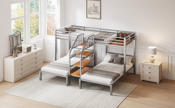 English Elm Metal Triple Bunk Bed Space-Saving Twin over Twin & Twin Design with Staircase Storage Shelves, Durable Metal Frame Silver GX001115AAN