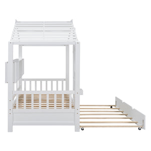 English Elm Wooden Twin House Bed with Trundle and 3 Back Shelves, Pine Frame Playful Loft Design for Kids White 41.7 L x 16.25 W x 6 H N733S316110K