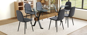 English Elm Table And Chair Set: Modern 79"X31.5" Glass Top With X-Shaped Metal Legs & 6 Dark Gray Linen Chairs W1151S03601-GIGA