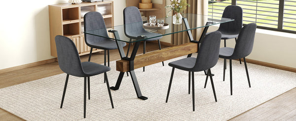 English Elm Table And Chair Set: Modern 79"X31.5" Glass Top With X-Shaped Metal Legs & 6 Dark Gray Linen Chairs W1151S03601-GIGA