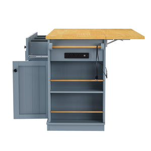 English Elm K&K 53" Large Kitchen Island with 2 Stools, Built-In Power Station, Wheels, Drop Leaf & Ample Storage Grey-Blue N707S000007G