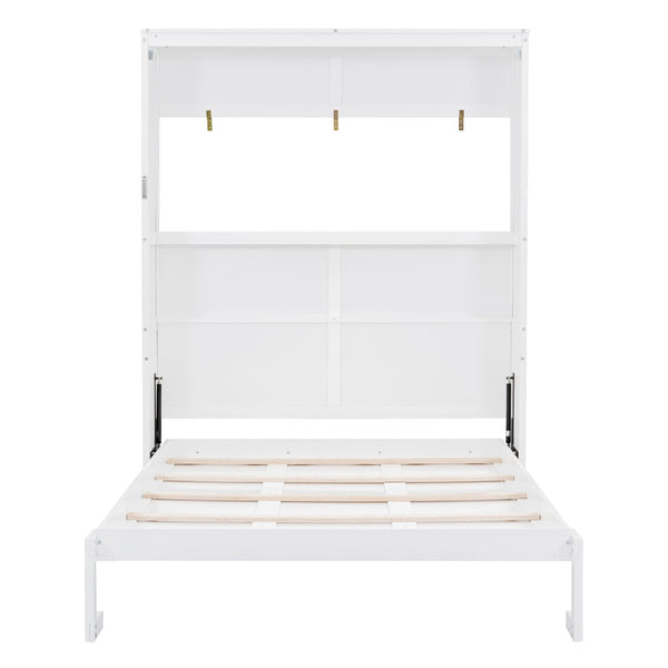 English Elm Queen Murphy Wall Bed with Integrated Shelving Foldable Mdf Cabinet for Guest Rooms White LP000693AAK-3