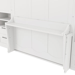 English Elm Queen Murphy Fold Down Wall Bed with Wardrobe Drawers and Shelves for Guest Rooms White LP000909AAK-2