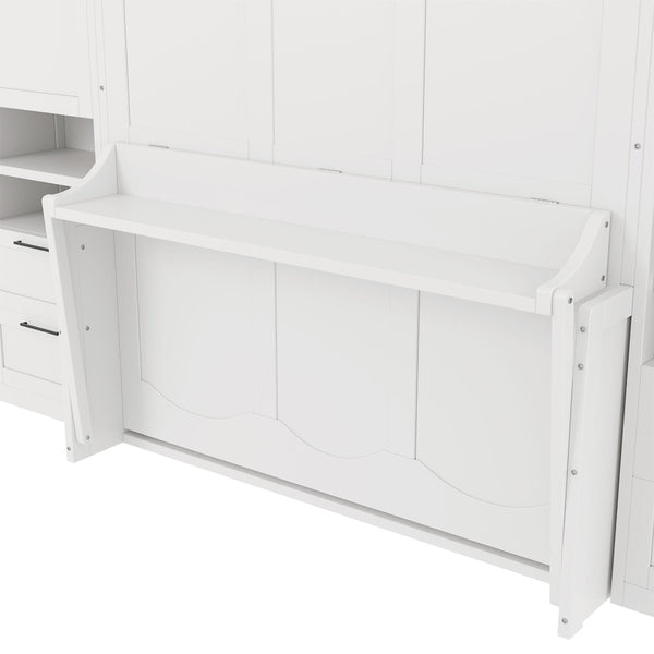 English Elm Queen Murphy Fold Down Wall Bed with Wardrobe Drawers and Shelves for Guest Rooms White LP000909AAK-2