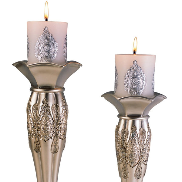 English Elm 12" Polyresin Candleholders Paisley Silver Lacquer Ornate Pair for Mantel Display B072116535