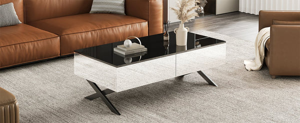 English Elm Rectangular Mirrored Coffee Table 47.3″ with Black High-Gloss Top, Metal Base & 2 Drawers Storage N735P350387B