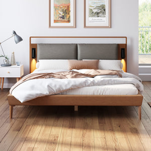 English Elm Christopher Knight Home® - Brown&Gray Leather Full Size Bed With Upholstered Headboard & Adjustable Led Night Lights Included N758D536566D