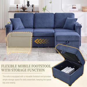 English Elm UNITED Corduroy L-Shaped Sectional Sofa with Storage Ottoman, USB Ports, Cup Holders & LED Lighting Navy W1568P332406