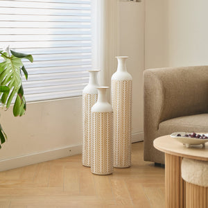 English Elm Floor Metal Vases Set Of 3 - Modern Gold & White Decorative Cylindrical Vases For Elegant Interiors W2796P255615