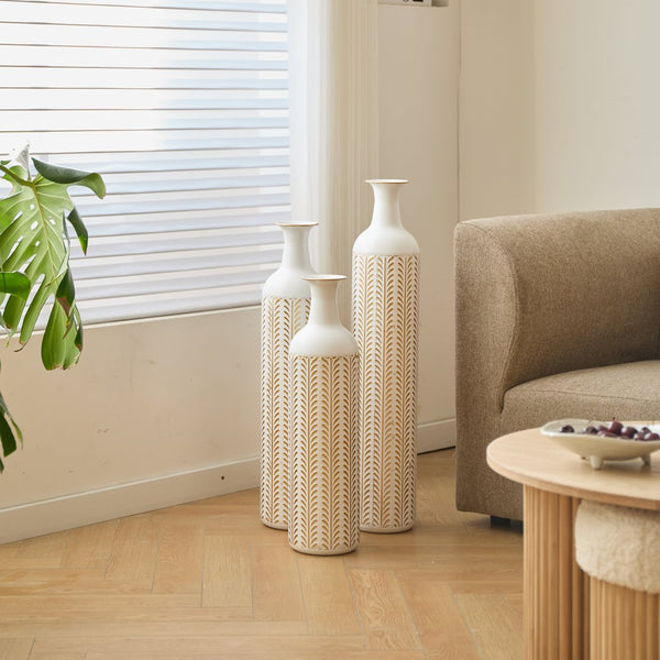English Elm Floor Metal Vases Set Of 3 - Modern Gold & White Decorative Cylindrical Vases For Elegant Interiors W2796P255615