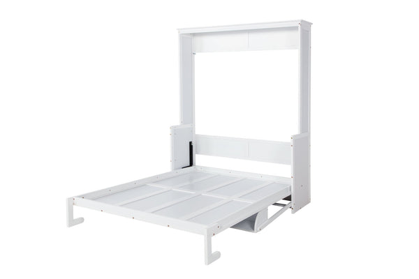 English Elm Queen Murphy Wall Bed with Integrated Desk Gas Strut Lift White Cabinet for Small Spaces White W504S00216