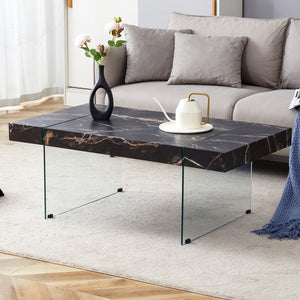 English Elm 43.3"X23.6" Black Marble-Patterned Mdf Coffee Table With Tempered Glass Legs.Suitable For Living Room.It Can Be Used Not Only As A Coffee Table But Also As A Side Table Or Display Stand.