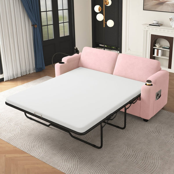 English Elm 72.8" Corduroy Convertible Loveseat with Full Bed Usb Charging and Storage Pockets N719P208880P